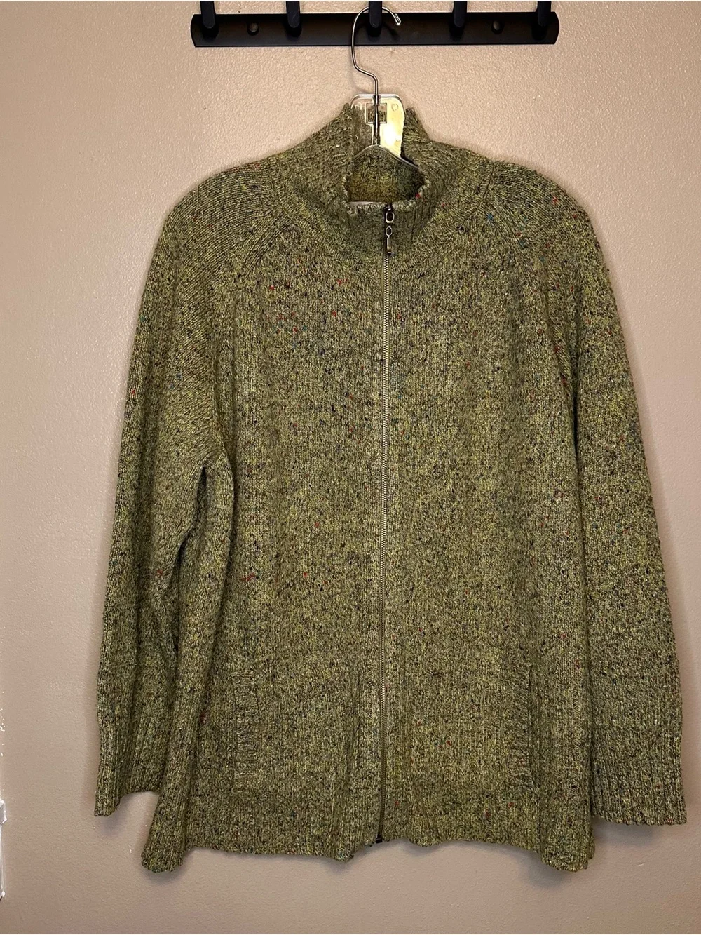 Evan Picone Olive Green Flecked Zip-Front Women's Cardigan
